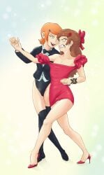 angry_face ben_10 ben_tennyson ben_tennyson_(classic) brown_hair bulge cartoon_network cocktail_dress crossdressing dancing dress femboy feminization full_body fully_clothed gearthefae green_eyes gwen_tennyson gwen_tennyson_(classic) heels leotard long_hair orange_hair panties_peek red_dress red_hair role_reversal short_hair showgirl side_view small_penis tuxedo_leotard
