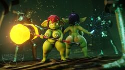 16:9 3d_(artwork) 4_fingers amber_eyes areola ass atmosphere atmospheric_perspective belly bevor big_breasts big_butt big_ears biped blush bone breasts digital_media_(artwork) ear_piercing ear_ring enna_(palewdasarts) fantasy female female_humanoid fingers genitals giant_hammer goblin goblin_female green_body hair hammer hi_res holding_object holding_weapon humanoid knight maul melee_weapon mina_(palewdasarts) nipple_piercing nipples nude oversized_weapon paladin palewdas_arts palewdasarts_(modeler) piercing poster purple_hair red_hair ring_piercing shield shortstack skeleton slightly_chubby sweat sword tagme thick_thighs tools undead vulva wallpaper warrior weapon widescreen