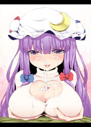 alternate_costume blush breast_hold breasts cleavage_cutout cum cum_on_body cum_on_breasts cum_on_clothes cum_on_upper_body erect_nipples facial female happy_facial hat heart heart_cleavage_cutout heart_cutout long_hair looking_at_viewer male oborozuki paizuri paizuri_under_clothes patchouli_knowledge penis purple_eyes purple_hair rougetsu_(eclipse) smile straight sweater touhou uncensored very_long_hair