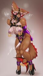 1girls absurd_res ankle_cuffs anthro armbinder binder_(restraint) bondage_gear chastity chastity_belt chastity_device clothing cuff_(restraint) female female_chastity female_only femsub fin footwear fur hi_res high_heels hybrid moddish multicolored_body multicolored_fur muzzle_(object) muzzled orgasm_denial piercing red_eyes restraints sergal sex_toy shoes solo text vibrator vibrator_on_chastity_cage wand_vibrator xirgix xirgix_natsumi