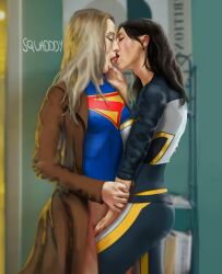 bottomless cropped_jacket dc dc_comics dcu fingering hawkgirl isabela_merced jsquaddy kendra_saunders kissing latina lipstick lipstick_mark milly_alcock peruvian peruvian_female spit supergirl supergirl_(2026) superman_(2025) trenchcoat yuri
