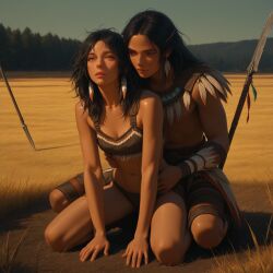 ai_generated belly_button brown_body brown_skin clothed_female clothed_male clothing dark_hair dirt feather_hair feather_hair_ornament feather_in_hair feathers female field field_background forest forest_background girl grass grass_field hands_on_hips kneeling kneeling_on_ground naja_wild native_american native_american_female native_american_male original panties red_pill_neo shadow shorts sitting_on_knee sitting_on_knees spear spears sunlight topwear wide_hips wrist_band wristband