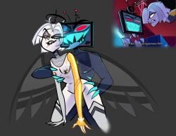 angel_wings balls bite_mark breasts femdom hazbin_hotel lipstick_mark lute_(hazbin_hotel) maledom nipple_piercing nipples pierced_nipples saliva_string scratch_marks sketch smirk tongue_out vox_(hazbin_hotel)