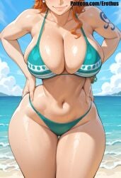 2026 ai_generated bare_shoulders beach bikini blue_sky blush bracelet breasts cleavage closed_mouth cloud collarbone day earrings erothus female female_only hands_on_hips head_out_of_frame jewelry large_breasts lips nami_(one_piece) navel ocean one_piece orange_hair outdoors shoulder_tattoo sky smile solo stomach swimsuit tattoo thigh_gap thighs water wet