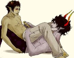 2boys black_hair clothed clown facepaint gamzee_makara grey_skin handjob homestuck horns male ms_paint_adventures pants penis pointy_ears red_eyes sharp_teeth short_hair sollux_captor tongue_out topless troll white_background yaoi yellow_eyes