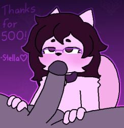abstract_background ambiguous_gender animated anon anthro arm_tuft bell bell_collar big_penis blush brown_eyes brown_hair canid canine canis cheek_tuft collar couldbestella domestic_cat domestic_dog duo eyelashes eyewear facial_tuft felid feline felis fellatio fluffy fluffy_tail fur genitals glasses gradient_background grey_penis hair hand_on_leg hand_on_thigh humanoid_genitalia humanoid_penis hybrid long_hair mammal oral penile penis pink_body pink_fur sex shoulder_tuft simple_background solo starry_(couldbestella) tail tail_motion tailwag text tuft