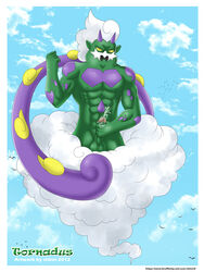 1boy 2012 abs black_eyes blue_background cloud cum erect_penis erection flying green_skin looking_at_viewer male male_only masturbation muscular nipples no_humans nude penis pokemon pokemon_bw shinn sky solo testicles text tornadus white_border yellow_sclera