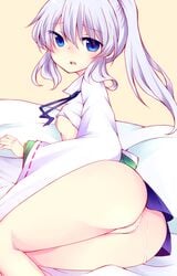 1girls ass blue_eyes breasts cum cumdrip female flat_chest japanese_clothes kariginu long_hair looking_back lying mononobe_no_futo nipples no_panties on_side payot ponytail pussy shirt_lift silver_hair solo tama_(soon32281) thighs tied_hair touhou