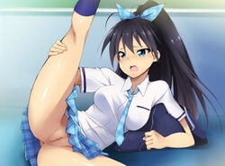 anus ass black_hair blue_eyes blush breasts censored female ganaha_hibiki hair_ribbon highres idolmaster kaiga leg_up legs long_hair looking_down lying medium_breasts necktie no_panties on_side open_mouth ponytail pubic_hair pussy school_uniform skirt socks solo thighs tied_hair