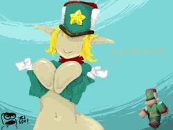 1female 1girls 2d 2d_(artwork) 4:3 artist_request big_breasts blonde_hair blue_background breasts breasts_out cofffeine covered_eyes elf elf_(tower_defense_simulator) elf_ears elf_female elf_girl english_text female female_only hat looking_at_viewer navel nude nude_female outside outside_nudity pale_skin pale_skinned pale_skinned_female reference_image roblox roblox_game robloxian short_hair smile solo solo_female solo_focus tagme text tower_defense_simulator yellow_hair