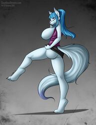 anthro big_breasts blue_hair breasts canine claws demona69 ear_piercing female fox fur furry hair icy_xisaru long_hair nipples piercing pussy pussy_juice shirt_pull skirt tail upskirt wet_pussy