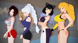 4girls black_hair blake_belladonna blonde_hair blue_eyes gold_eyes lavender_eyes red_hair ruby_rose rwby silver_eyes weiss_schnee white_hair yang_xiao_long