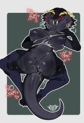 2025 5_fingers anthro areola aroused avante92 big_breasts black_areola black_body black_nipples black_vulva blush bodily_fluids breasts clitoris clothing cobra curvy_figure digital_media_(artwork) fangs female fingers genital_fluids genitals hi_res legwear lying navel nipples non-mammal_breasts non-mammal_navel on_back onomatopoeia reptile ripped_clothing scalie simple_background small_waist snake snake_hood solo sound_effects spread_legs spreading steam stockings sweat tail tearing_clothing teeth text thick_thighs torn_clothing torn_legwear torn_stockings vaginal_fluids vulva watermark