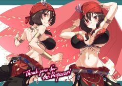 belly_dance belly_dancer belly_dancer_outfit belly_dancing cleavage dancer dancing fit fit_female harem_girl harem_outfit harem_pants highres kono_subarashii_sekai_ni_shukufuku_wo! konosuba large_breasts looking_at_viewer midriff navel red_eyes shiratama_(siratama5656) smile veil wide_hips yunyun_(konosuba)