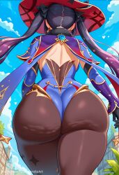 1girls 2025 ai_generated alternate_breast_size artist_name ass_focus backboob backless_outfit black_gloves blue_leotard bodystocking bow breasts capelet cleavage cowboy_shot day elbow_gloves english_commentary from_behind fur_trim genshin_impact gloves gold_trim hair_ornament hat highres hoyoverse huge_ass huge_breasts jewelry leotard long_hair looking_at_viewer low_twintails mihoyo mona_(genshin_impact) outdoors patreon purple_hair purple_hat sinderellaart solo standing star_(symbol) star_hair_ornament thick_thighs twintails walking wide_hips