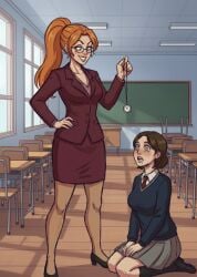 2girls ai_generated blackboard blazer brainwashing brown_hair classroom classroom_background collared_shirt desks drool drooling female female_focus female_only femdom femsub holding_object holding_pocket_watch holding_pocketwatch hypnosis hypnotized_female indoors kneeling lights looking_at_object maddie_kim mind_control mrs._erickson_(lewd-zko) mrs._erickson_(zko) multiple_females multiple_girls necktie orange_hair pantheon_(series) pocket_watch ponytail red_tie school_uniform short_hair skirt smirk smirking spiral spiral_eyes spirals spiralwash_eyes standing submissive submissive_female suit sweater teacher teacher_clothing teacher_dom teacher_female teacher_outfit tie windows zupern0va_(manipper)