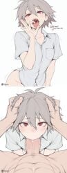 2d ai_generated anus blush comic comic_page cum cum_in_mouth cum_on_face deepthroat dizzyarts english_text femboy feminine feminine_body feminine_faced_male feminine_male feminine_pose feminization feminized_male flat_chest flat_chested grey_hair irrumatio kaworu_nagisa moaning neopn_genesis_evangelion otoko_no_ko red_eyes sucking sucking_penis teasing teasing_penis teasing_viewer text yaoi