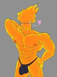 bara bara_tits blush bulge cleavage fire gay grillby looking_pleasured make male_only muscular muscular_male pecs slutboy thong yaoi