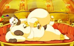 anklet anthro black_nipples blue_eyes bracelet breasts canine chubby dripdry female food fruit fur furniture furry gigantic_breasts gold grapes herro jackal jewelry nude orange overweight pillar sofa toe_ring