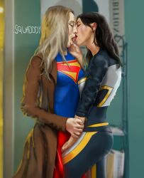 clothed_sex cropped_jacket dc dc_comics dcu fingering fingering_through_clothes hawkgirl isabela_merced jsquaddy kendra_saunders kissing latina lipstick lipstick_mark milly_alcock peruvian peruvian_female spit supergirl supergirl_(2026) superman_(2025) trenchcoat yuri