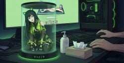 1girls ai_generated black_hair bombalurina_ai capsule cat_ear_headphones clothed computer disgusted green_eyes hologram implied_masturbation indoors jar keyboard kira_(razer) kneeling long_hair looking_to_the_side lotion minigirl monitor rope_belt rule34 shadow_face streetwear tissue_box