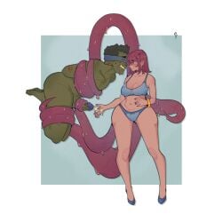 after_handjob arms_behind_back arms_tied_behind_back assertive_female blindfolded bondage cum_on_hand femdom frogtie frogtied green_skin human_female interracial malesub olive_(potaroe) orc_male orc_on_human potaroe purple_penis suspended_bondage suspension tentacle tentacle_around_penis tentacle_job