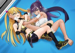 2girls artist_request blonde_female blonde_hair blonde_hair_female bondage bondage_outfit catfight dark-skinned_female dark_skin hair_pull interracial knee_bar kneepits light_skin pulling_hair purple_hair ryona struggling sweat wrestler wrestlers wrestling wrestling_boots wrestling_femdom wrestling_match wrestling_move wrestling_outfit wrestling_ring wrestlingryona