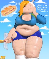 1girl 2d 2d_(artwork) 2d_artwork adventure_time ass bandage bandages blonde blonde-haired_female blonde_female blonde_hair blonde_hair_female blue_shirt blueh breasts cartoon_network chubby chubby_belly chubby_female closed_eyes_smile daydreaming fat fat_belly fat_female fat_thighs female female_only fionna_the_human_girl food hair human human_only lewdcactus light-skinned_female light_skin lips mammal mature mature_female namespace shirt shorts simple_eyes solo solo_female solo_focus sweat sword thick thick_butt thick_hips thick_legs thick_thighs thighs weapon wide_ass wide_hips wide_thighs