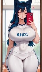 abs ahri ahri_(league_of_legends) ai_generated animal_ears ass_visible_through_thighs blue_hair blush breasts cellphone closed_eyes collarbone covered_navel curvy female heart holding holding_phone huge_breasts impossible_clothes impossible_shirt indoors league_of_legends long_hair mirror pants phone reflection selfie shirt short_sleeves smartphone solo sportswear taut_clothes thick_thighs thigh_gap thighs tight_clothes trinity_vermilion white_pants white_shirt wide_hips