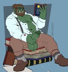 2023 balls beard bodily_fluids body_hair book brown_hair chest_hair clothed clothing eyewear facial_hair footwear genital_fluids genitals glasses green_body green_skin hair hair_bun hi_res humanoid humanoid_genitalia humanoid_penis humanoid_pointy_ears male masturbation musclegut muscular navel nipples not_furry open_clothing open_shirt open_topwear orc pecs penile penile_masturbation penis penis_poking_out pointy_ears precum reading reading_book shirt shoes sinfulspikes sitting slightly_chubby slightly_chubby_humanoid slightly_chubby_male socks solo solo_male suspenders topwear