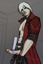 abs artist_name artist_signature balancing_on_penis bara bathroom belt_buckle blue_eyes clothing cock dante_(devil_may_cry) devil_may_cry devil_may_cry_(series) devil_may_cry_4 digital_drawing_(artwork) digital_media_(artwork) erection funny gloves hairless hard_cock hard_on hard_penis illustration jacket leather leather_clothing leather_jacket lotion_bottle male male_focus male_only mirror_selfie mostly_clothed muscular muscular_male open_clothing open_jacket pale-skinned_male pale_skin pecs pulling_down_pants red_jacket shirtless simple_background sketch smirk smirking_at_viewer soap_bottle solo solo_focus solo_male suveramort testicles twitter_username veiny_penis video_game_character video_games white_hair
