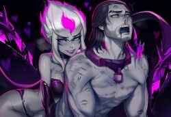 ai_art ai_assisted ai_generated aisei artistic artistic_nudity bite bite_mark bite_mark_on_neck bite_mark_on_shoulder bite_marks blood_drip blood_on_face defeated dominant_female domination dominatrix evelynn kurwa_jak_naprawić_samochód_humor1pl league_of_legends league_of_legends:_wild_rift monochrome scratch_marks scratches sharp_claws sharp_nails submissive submissive_male sylas torture