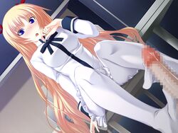 blonde_hair blush censored christiane_friedrich feet footjob game_cg highres long_hair maji_de_watashi_ni_koi_shinasai! mole penis purple_eyes