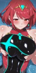 _yumidreams ai_generated bangs bare_shoulders black_one-piece_swimsuit blush breasts closed_mouth competition_swimsuit covered_collarbone covered_navel covered_nipples earrings female grabbing_own_breast jewelry large_breasts looking_at_viewer one-piece_swimsuit pool poolside pyra pyra_(pro_swimmer)_(xenoblade) pyra_(xenoblade) red_eyes red_hair shiny shiny_clothes short_hair smile solo swept_bangs swimsuit tiara water wet xenoblade_(series) xenoblade_chronicles_2