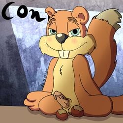 2018 anthro balls big_teeth chestnut conker conker's_bad_fur_day erection fluffy fluffy_tail food fruit humanoid_penis looking_at_viewer male male_only mammal penis rodent smile solo squirrel video_games