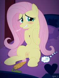 bed blush carrot english_text equine female female_only fluttershy_(mlp) friendship_is_magic fur green_eyes hair hooves mammal my_little_pony pegasus pink_hair pony pussy smooth_skin solo syoee_b text