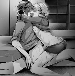 2boys blush crossdressing drooling e_(remix99) erection femboy frottage greyscale idolmaster idolmaster_side-m kissing maita_rui male_focus male_only multiple_boys penis penis_size_comparison penis_size_difference saliva sitting straddling sweat yamashita_jirou yaoi