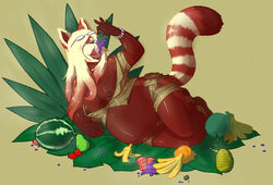 1girls ass banana banana_peel belly belt blue_eyes bracelet breasts breasts_out brown_fur chubby clothed eating eyeswear female food fur furry furry_only glasses grapes green_background large_ass lying melon navel nipples nude overweight pear pineapple red_hair red_panda simple_background strawberry tail thick_thighs unknown watermelon white_hair wide_hips