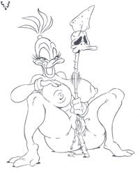 1girls ass avian big_ass big_breasts big_butt bird breasts duck female looking_at_viewer lordstevie masturbation nipples nude polearm pussy slb spear tongue tongue_out weapon
