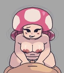 1boy 1girls alternate_body_type animated aseprite_(artwork) breasts brown_nipples chubby color cowgirl_position eyelashes gif glassesfetish grey_background loop looping_animation male mario_(series) mob_face mushroom_humanoid nervous_smile nintendo nipples penis pixel_animation pixel_art pov riding shortstack simple_animation straight toadette tummy twintails worklunchbox