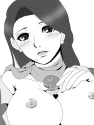 1girls ace_attorney ayasato_chihiro blush breasts earring female gyakuten_saiban highres human large_breasts long_hair male mia_fey nipples paizuri penis straight