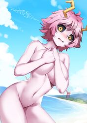 1girls beach black_sclera blush breasts covering covering_breasts cowboy_shot day female female_only highres horns large_breasts looking_at_viewer mina_ashido my_hero_academia navel nude open_mouth outdoors pink_hair pink_skin short_hair signature solo wavy_mouth x-boy yellow_eyes