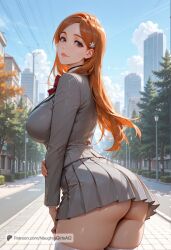 ai_generated ass bangs big_breasts bleach blue_sky breasts brown_eyes brown_hair building city cloud cowboy_shot curvy day female from_behind hair_flower hair_ornament hairclip inoue_orihime jacket large_breasts lips long_hair long_sleeves looking_at_viewer looking_back mature_female milf miniskirt naughtygirlsai orange_hair outdoors patreon_username pleated_skirt shirt skirt sky smile solo standing thick_thighs thighhighs thighs tree white_legwear