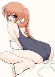 1girls ass barefoot blue_eyes blush breasts breasts_out brown_hair drooling egg_vibrator feet female frapowa long_hair looking_at_viewer looking_back lyrical_nanoha mahou_shoujo_lyrical_nanoha mahou_shoujo_lyrical_nanoha_strikers moaning one-piece_swimsuit open_mouth saliva side_ponytail sideboob simple_background sitting sketch soles solo sweat swimsuit takamachi_nanoha tear toes trembling vibrator wariza white_background wince