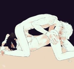 2boys anal anilingus artist_request blush cum cum_on_body ejaculation final_fantasy final_fantasy_xv handjob male_only multiple_boys noctis_lucis_caelum nude orgasm penis penis_grab prompto_argentum rimming straddling yaoi