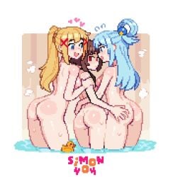 3girls aqua_(konosuba) bangs bath bathroom big_ass big_breasts blonde_hair blue_eyes blue_hair brown_hair darkness_(konosuba) fully_nude fully_nude_female goddess hair_ornament hand_on_arm hand_on_ass hand_on_waist kono_subarashii_sekai_ni_shukufuku_wo! konosuba long_hair looking_at_viewer looking_back megumin open_mouth pillow_shading pixel_art ponytail red_eyes rubber_duck short_hair sim0n404 steam taller_female teen teen_girl teenage teenage_girl teenager