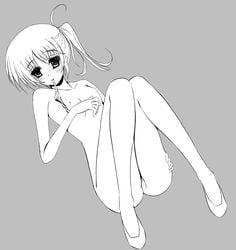 1girls blush female flat_chest frapowa isis_eaglet lyrical_nanoha mahou_senki_lyrical_nanoha_force monochrome mouth_hold nipples nude panties panties_in_mouth panty_pull pussy short_hair simple_background solo topless underwear