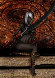 black_skin brown_skin clothed clothed_female dark_skin detailed_background direwrath drow elf gold_armor large_weapon scout shin_guards short_hair skimpy suzy_winkelman sword white_fingernails white_hair