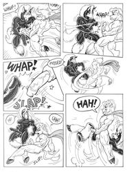 1990 1990s 20th_century 2boys 90s ass balls big_penis black_fur bovine bull cape comic english_text equine erection furry furry_only hooves horse karno male male_only monochrome muscles muscular muscular_male penis speech_bubble straight_hair sword_fight text veiny_penis