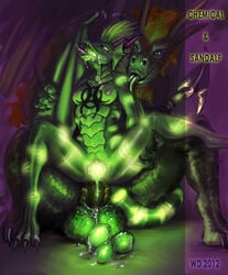 2012 anal anthro biohazard_symbol chemicaldrgn dragon egg egg_laying glowing green licking nipples paws penis sandalf scales tongue winddragon wings